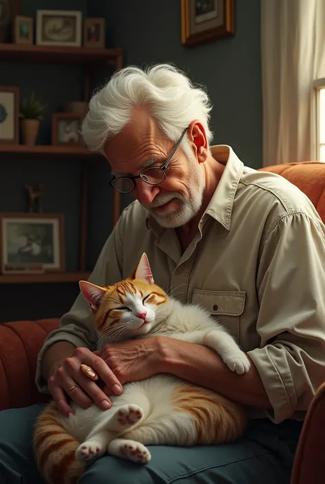 Old man petting cat