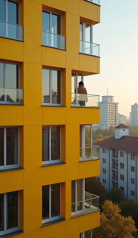 A multi-storey modern Russian yellow house with windows that overlooks from the 11th floor with the quality of an Android phone that is aimed at a certain window where TheBrianMaps blogger is visible