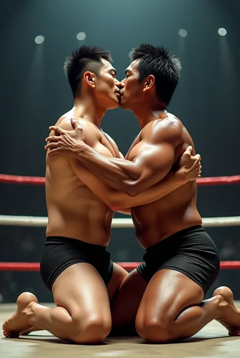 A young Japanese professional wrestler A and a senior Japanese professional wrestler B are in the ring.。They are on the same team。
A is buzzcut and muscular、Wearing short tights。Sweaty。
B is short-haired, muscular, and dark-skinned、Wearing short tights。
A ...