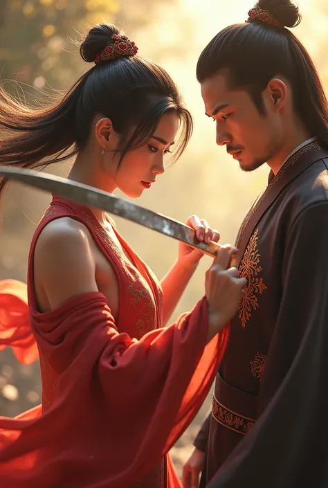 Men and women wearing tulle Hanfu, A woman holding a sword against a man, Black Hair, Short Ponytail, Onyx colored eyeball, Texture Details, Glowing Skin, sun, Swivel Blade Sword, Motion Blur Background, Backlight, 8k, Super Detail, masterpiece, Highest qu...