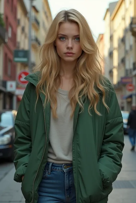 Kizi, blond, Long wavy hair, blue colored eyes, good looking, mournful look, green jacket, blue jeans, the bangs were removed back, a skyscraper girlfriend, full of height