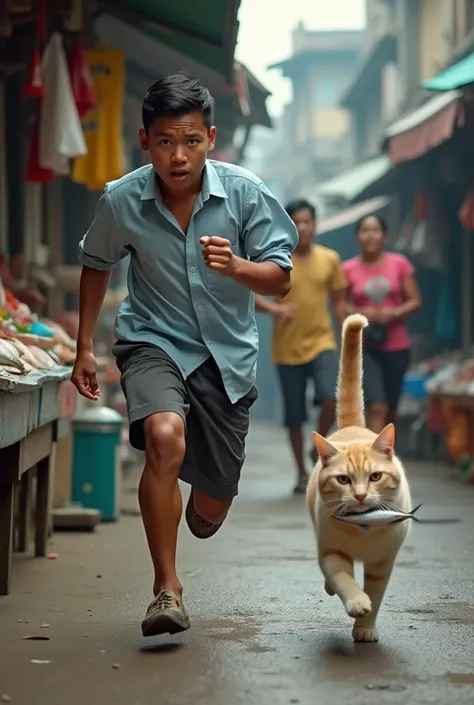 real photo A young Indonesian man chases a running cat that has just stolen a fish in its mouth. fishmongers shop and ran away with him. His face looked panicked because he was being chased. The fish looked silver and medium sized. In the background, a fis...