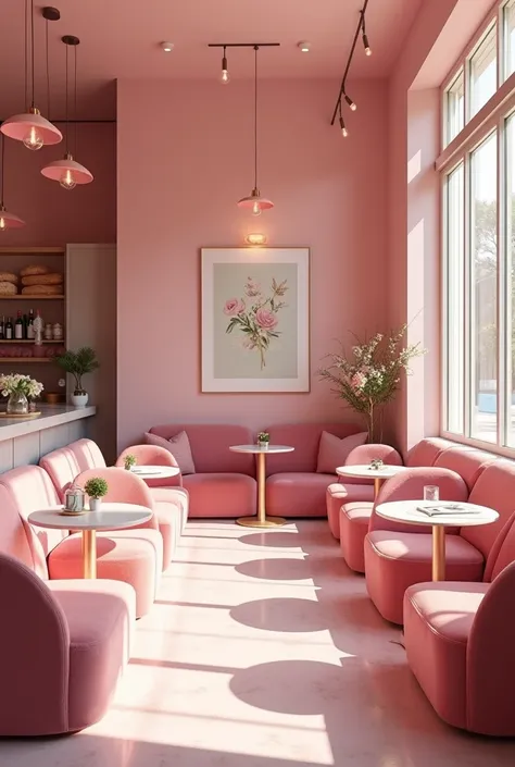 A bakery with a study area that is all pink and big