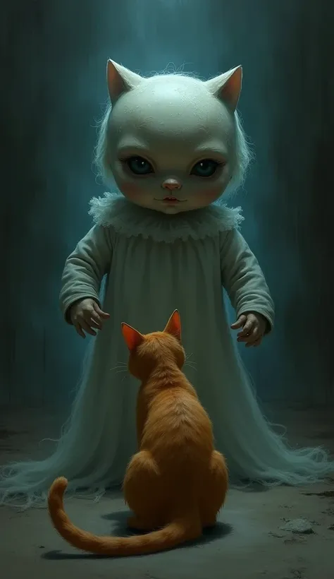 Suddenly, the doll’s head turns, and the shadowy figure of a ghostly cat appears behind the orange cat.