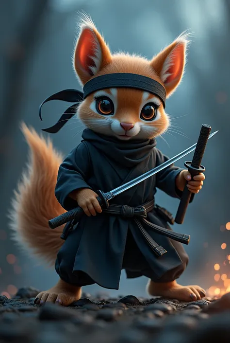 Flying squirrel, ninja, cute animal, animal, night, outfit, more Japanese style, with a sword, more realistic, not cartoony, rocket launcher, flying squirrel, siberian flying squirrel, more realistic, yokai