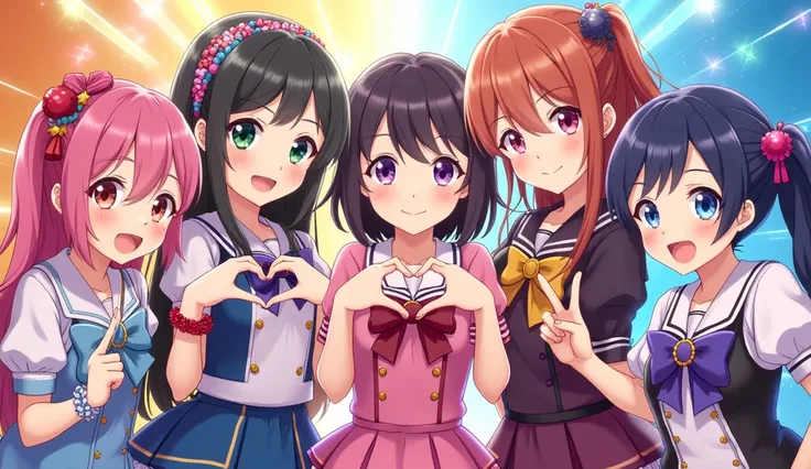 j-pop girl band, 5 asian girls, anime, two of them make heart hand gestures, three make peace hand gestures