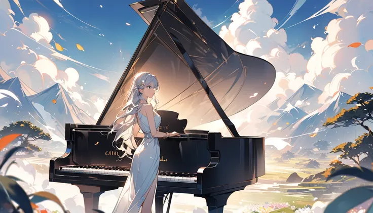 A landscape that complements piano music,a girl in her twenties,graceful,