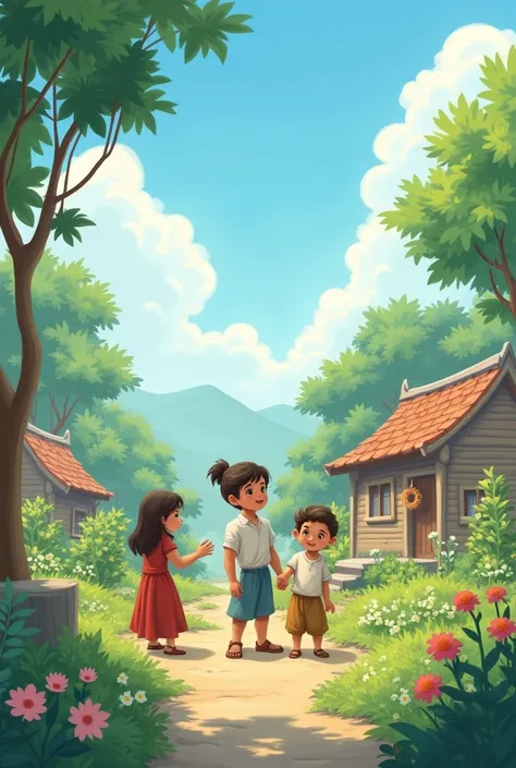 Scene 6: The MoralPrompt: A final scene showing a simple village or a peaceful garden with people helping each other, emphasizing the story’s moral about the importance of good deeds. The sky is clear, and the environment is calm and serene, symbolizing th...