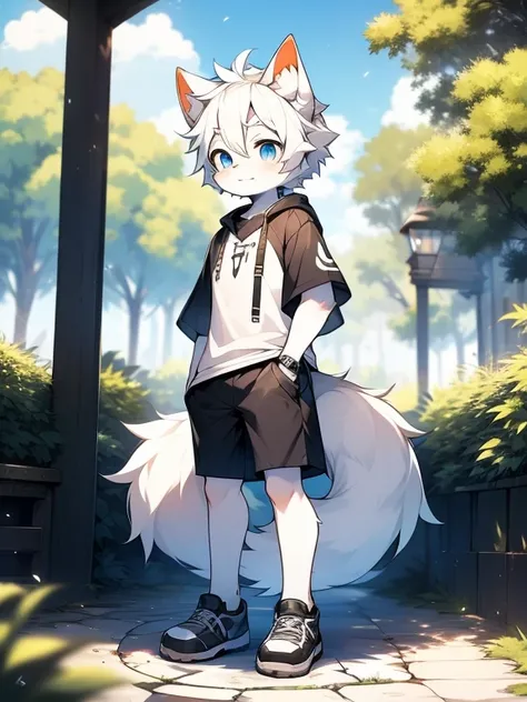 （best quality, Extremely detailed），juvenile，Junior high school students，Furry wolf，((Big blue eyes，Watery))，((Shota)), （(Black and white hair)）, Slender physique, Handsome，Lovely, Light：极致Light影, 反Light皮肤,Reddish skin，极致的面部detail，Sideways，Greeting the audi...