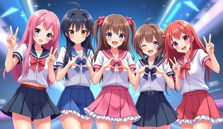 j-pop girl band, 5 asian girls, anime, two of them make heart hand gestures, three make peace hand gestures