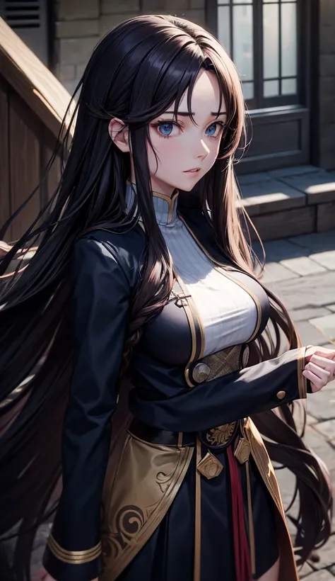 Girl with long brown hair with waves, blue eyes, medium breasts, sir delgada Jujutsu Kaisen uniform