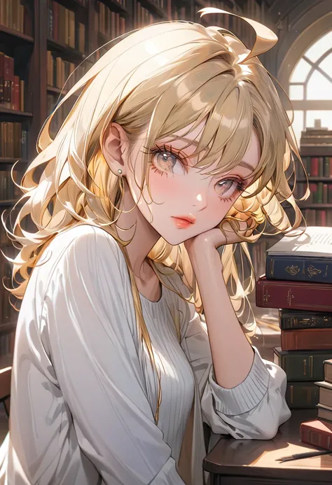 The background is the library(Highest quality,Very detailed,High resolution:1.2),Slim beautiful girl，Sleeping at the desk，Golden Hair，very_Long eyelashes, Detailed lips, Cool look, Soft Skin, Shiny Hair,Exquisite makeup,Face up、Casual clothing、Ahoge