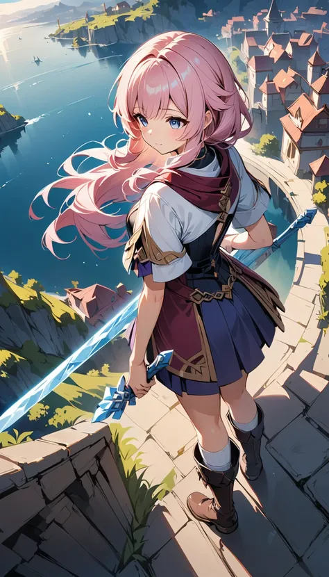 Extreme Detail, perfection, aerial photograph, Like a work of art, Anime girl with ice and snow sword, Her pink hair and long purple skirt complement each other well., Ayaka Genshin gazing into the distance, Leading to the world of Genshin.