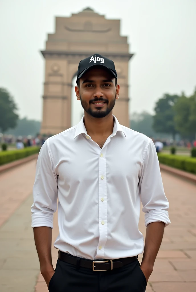 A man stand front of india gate white shirt black paint with cap back side name Ajay