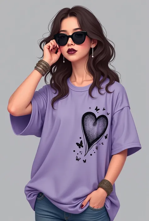 "A young woman with wavy, medium-length brown hair wearing black round sunglasses and a lavender oversized T-shirt with a black artistic heart design. The heart is adorned with butterflies and small dots on the left side. The woman is posing with her right...