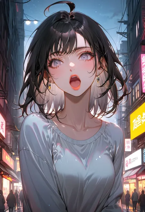 The background is the night electronics district(Highest quality,Very detailed,High resolution:1.2),Slim beautiful girl shouting，Street Performance，Black Hair，very_Long eyelashes, Detailed lips, Cool look, Soft Skin, Shiny Hair,Exquisite makeup,Face up、Cas...