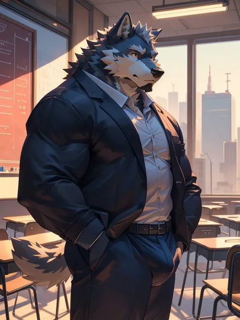 a huge muscular furry wolf as teacher, wearing sport coach jacket, maasive muscular, thick arms, pectoral, classroom, standing in a city background, (best quality,4k,8k,highres,masterpiece:1.2),ultra-detailed,,detailed wrinkles,detailed facial features,det...