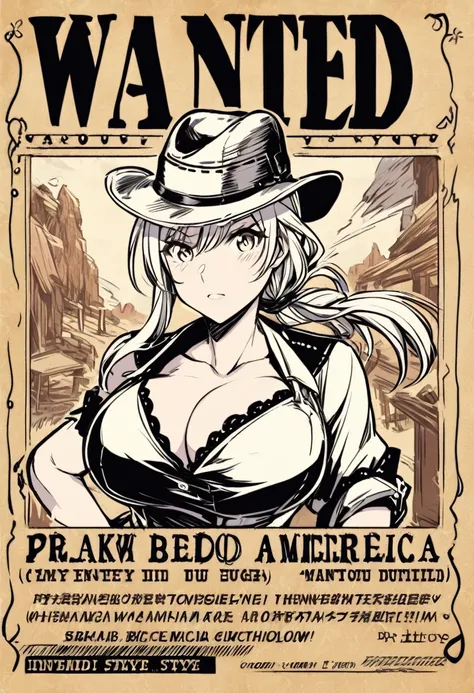 classical western america break news style,WANTED!,a pretty outlow girl,big breasts,bad eyesight,a hat and low ponytail hair,