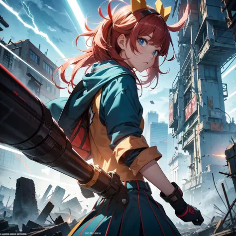 masterpiece、Bold, anime-style illustration、Dense painting、Humorous and crazy。1 high school girl、Cinematic lighting、Clench your fists、A high school girl awakens and stands up strong、Lightning strikes her、The background is a ruined city in the near future.。