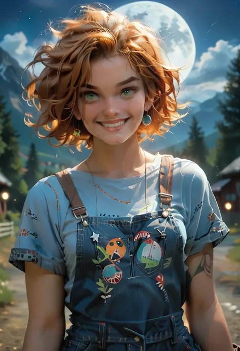 1girl, sxfrances, short hair, orange hair, green eyes, freckles, smile, red overalls, blue shirt, roll up sleeve, mountain, moon...