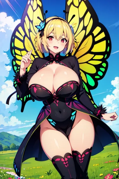 1girl,solo,antennae,black hairband, (long blonde hair),hair between eyes,hair flower,hair ornament,hairband,smile,red eyes,open mouth,(huge breasts:1.2),cleavage,(butterfly girl),butterfly wings,crazy straw,day,dress,flower,grass,high heel boots,light blus...