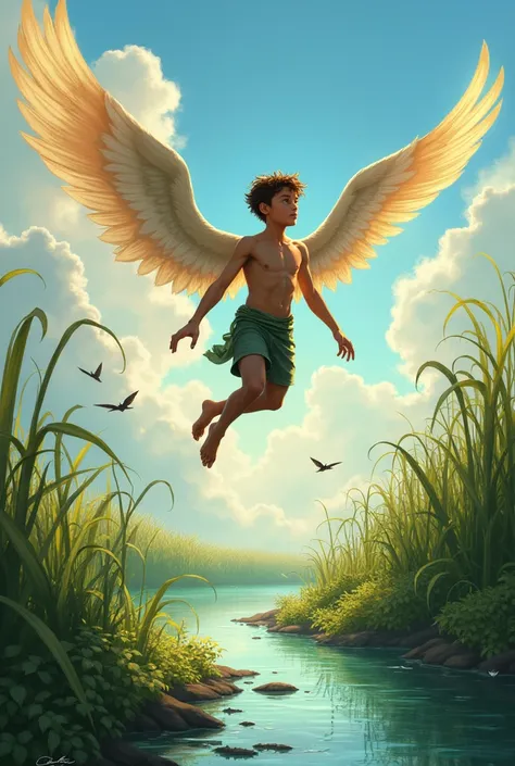 A Teen boy flying by his wings above the wetland 