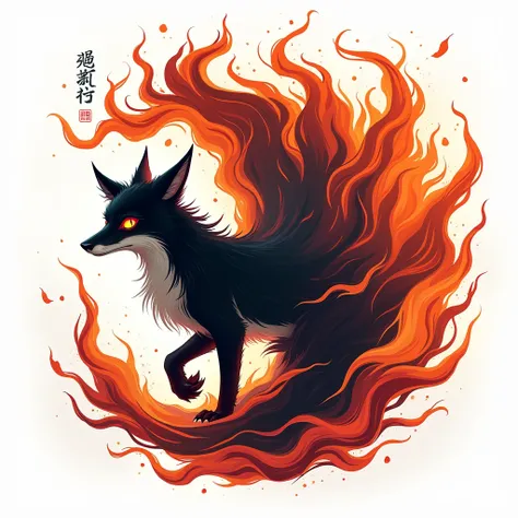 Vector of a highly detailed INK flaming 
NINE TAILED FOX
