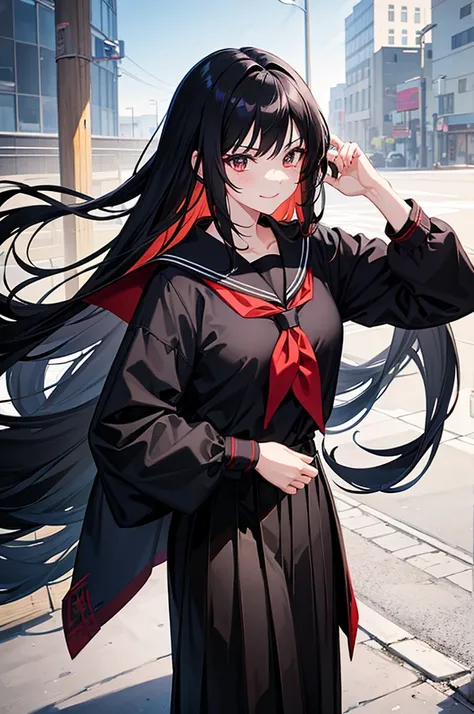 anime girl portrait, 1girl, black school uniform, long black hair, long skirt, katana over shoulder, fierce expression, smiling, red neckerchief, detailed face, intricate details, ((school exterior)), natural lightning