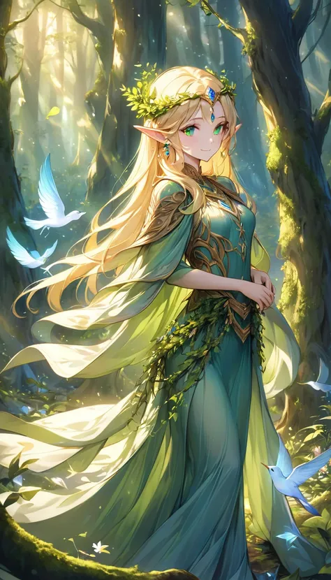 a graceful elf woman residing in a mystical forest filled with ancient trees and vibrant, magical flora. her long, golden-blonde...