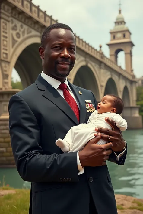 the president of Ivory Coast, in front of a bridge with a baby in hand