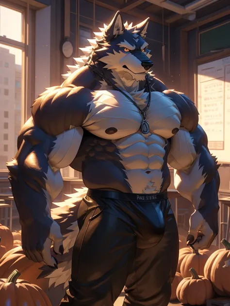 a huge muscular furry wolf,wearing pumpkin head, massive muscular, thick arms, pectoral, classroom, standing in a city background, (best quality,4k,8k,highres,masterpiece:1.2),ultra-detailed,,detailed wrinkles,detailed facial features,detailed texture, bul...