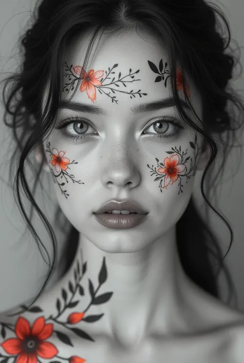 a minimalist b&w photograph, an incredibly realistic and hyper-detailed
of a womans face, intricate body art themed around flowers, a small
colorful fragment on the monochromatic background, the delicate floral
designs, the shallow depth of field, a striki...