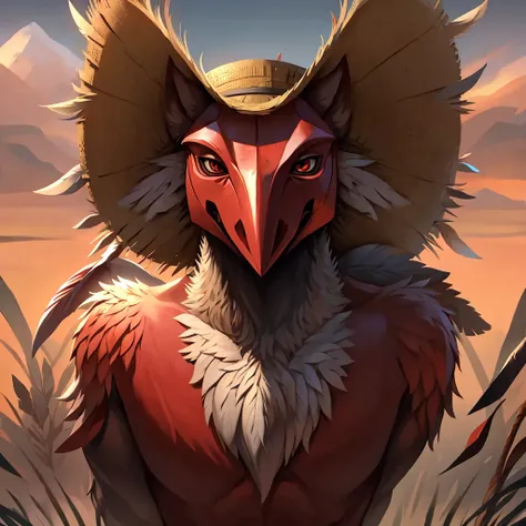 Japanese mythology, Create a Tengu, red mask with long nose, thin and long nose, Japanese straw hats with feathers, 8k, ultra realism, cinematic