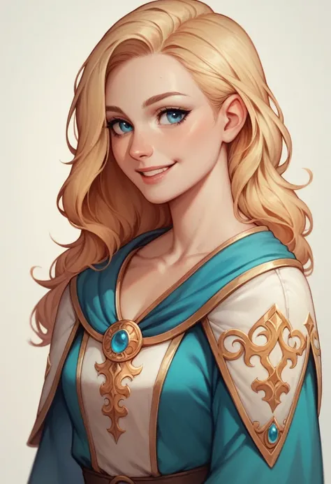 4k, Sarah ,a young female mage, with long, wavy, golden blond hair, turquoise blue eyes, tall and thin, mischievous smile, mischievous. she wears a tunic, blue and white with gold accents. heroic fantasy medieval atmosphere