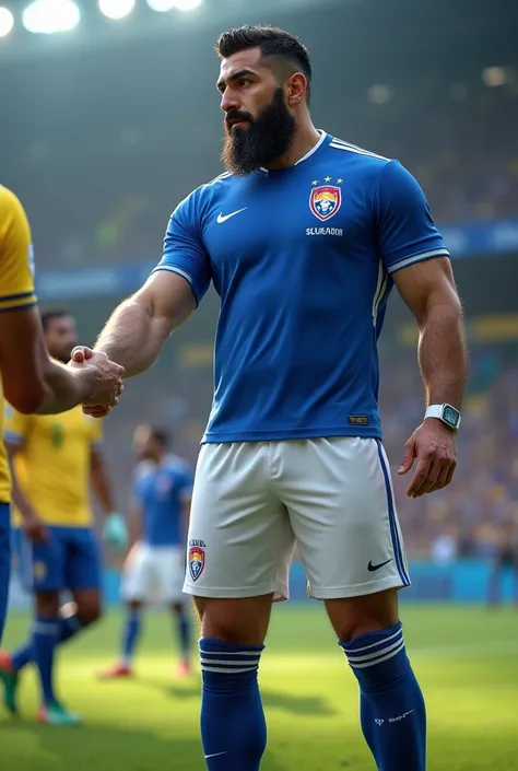 A very bearded, hairy, strong Iranian man wearing the El Salvador national football team uniform. He must wear a blue shirt with white details and the Salvadoran Football Federation shield on the chest.. The shorts must be white with blue details., and the...