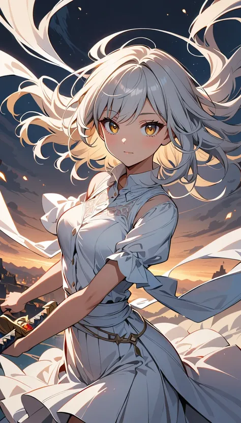 Black anime girl with long white hair dressed in white, Yellow Eyes, With sword, Shocking Genshin style