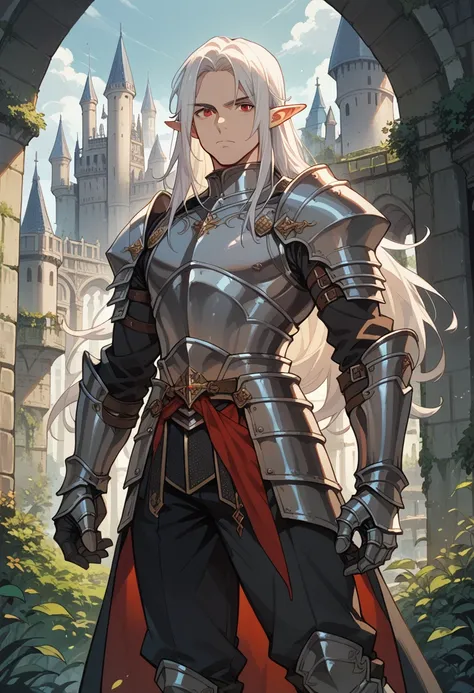 score_9, score_8_up, score_7_up, score_6_up, 1man, elf ears, red eyes, long hair, white hair, black armor, gauntlets, pauldrons, pants, knight, castle, male focus, solo, standing, looking at the viewer