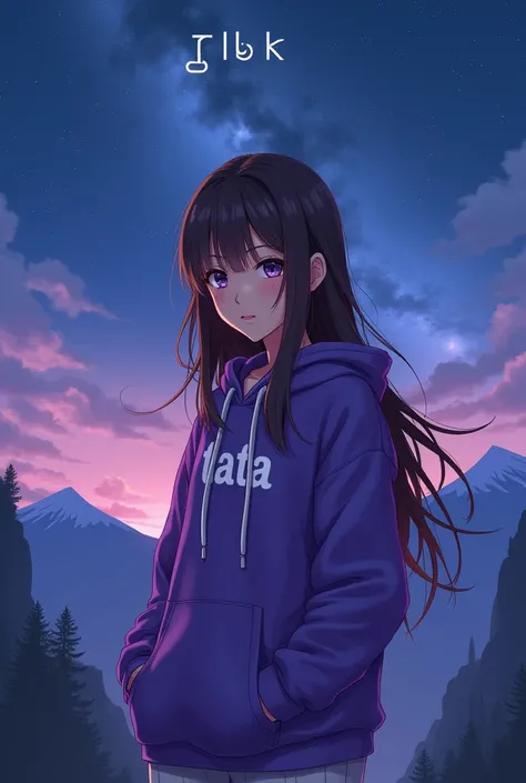 Create anime character;
{background: capital HD text: “GLBK” in center-top, night mountain}, tanned skin,
realistic, HDR, beautiful, korean style, full body, age 20, hoodie HD text: “Tata”, female, brown hair, long hair, purple