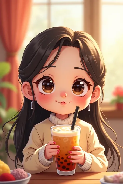 A cute cartoon of a bald girl with a receding hairline, not bald, with her hair down and holding a glass of bubble tea.