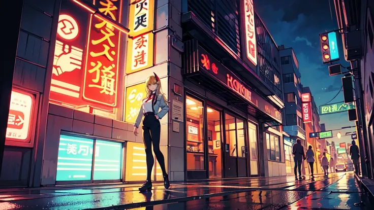 Create a digital illustration in the style of 90s anime art. The character should resemble a young woman with long blonde hair, yellow eyes, and red horns, wearing a white shirt and black tie. She should be standing in a neon-lit city street at night, with...