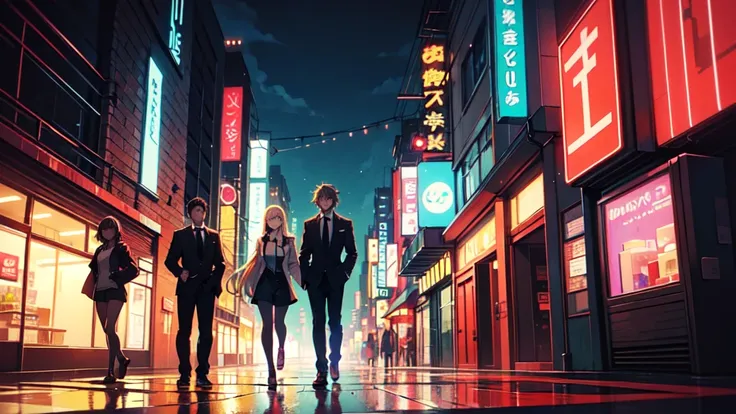 Create a digital illustration in the style of 90s anime art. The character should resemble a young woman with long blonde hair, yellow eyes, and red horns, wearing a white shirt and black tie. She should be standing in a neon-lit city street at night, with...