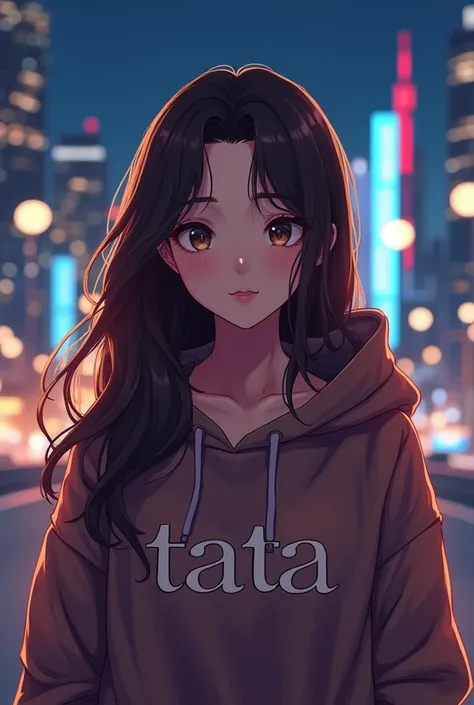 Create anime character;
{background: capital HD text: “GLBK” in center-top, night rooftop}, tanned skin,
realistic, HDR, beautiful, korean style, full body, age 20, hoodie HD text: “Tata”, female, brown hair, long hair, purple