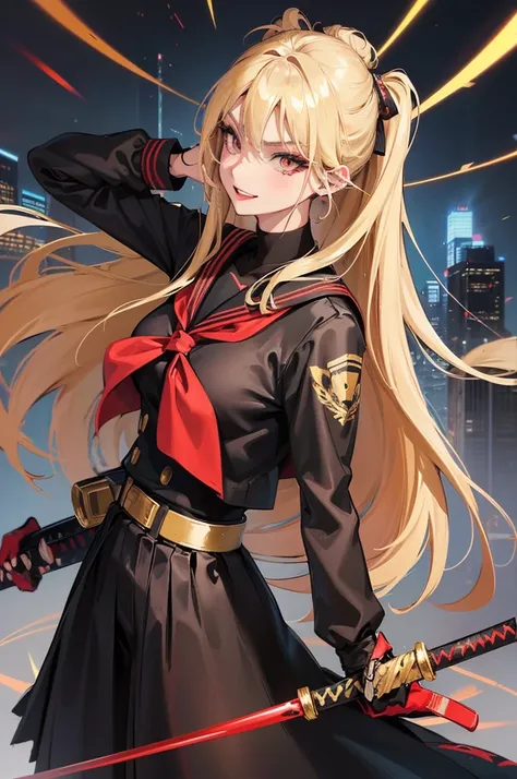 anime girl portrait, 1girl, black school uniform, long blonde hair, tanned, long skirt, katana over shoulder, fierce expression, smiling, makeup, full lips, red neckerchief, detailed face, intricate details, natural lightning, graffiti, city background