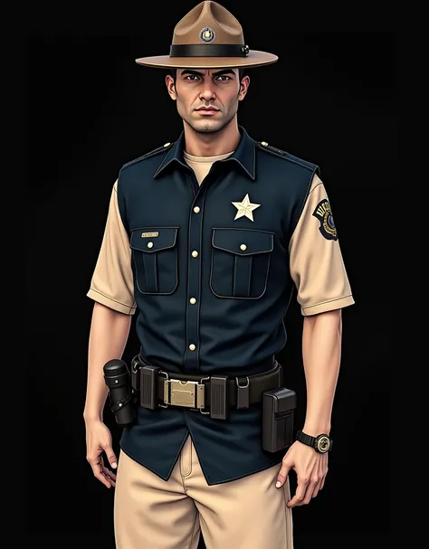 I need a picture of a park ranger with a belt that is a bomb around his stomach and some scared people next to him in the style of GTA