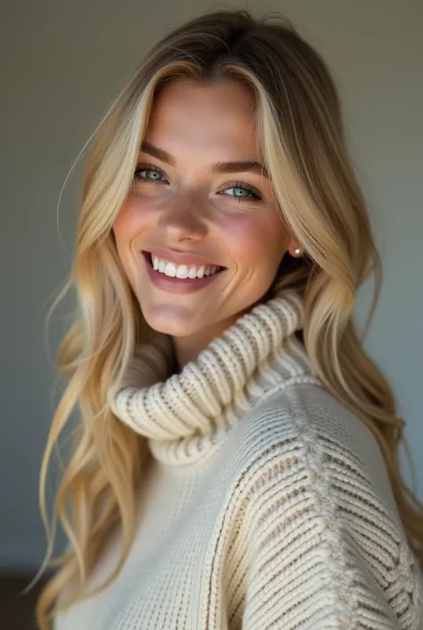 Portrait of a blonde haired model woman wearing a warm designer sweater, In brand clothing style, Nipples in full view, Panasonic GH5, Happy expression, A modest image, Sharp Texture - Image #2 @Slenslen