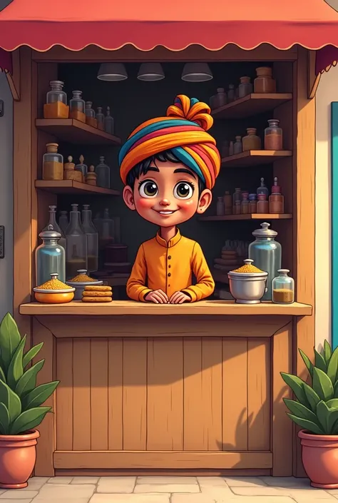 Cartoon indian inside a stall  no crowd 