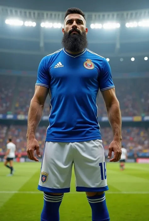 A very bearded, hairy, strong Iranian man wearing the El Salvador national football team uniform. He must wear a blue shirt with white details and the Salvadoran Football Federation shield on the chest.. The shorts must be white with blue details., and the...