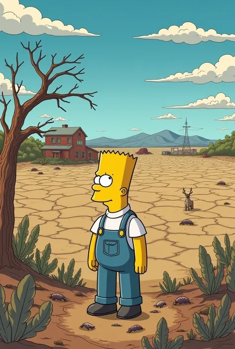 a simpsons style image of the farmer in the simpsons looking out over his farm that has dried up in the heat and everything has died. he is small in comparison to the large amount of dry land