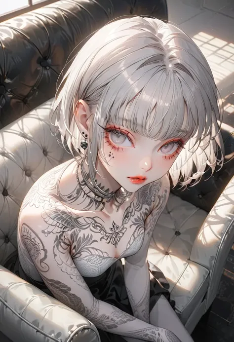 (Highest quality,Very detailed,High resolution:1.2),Slim albino girl，Gray-haired berry shorthair,gray bangs，very_Long eyelashes, Detailed lips, Cool look, Soft Skin, Shiny Hair,Exquisite makeup,Sitting on the couch，Neck tattoo，Shot from above