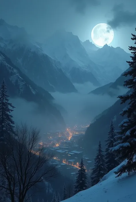 (photorealism:1.2), youtube thumbnail, haunted place in kasmir,scary environment between snowy mountains a city between mountains night time 